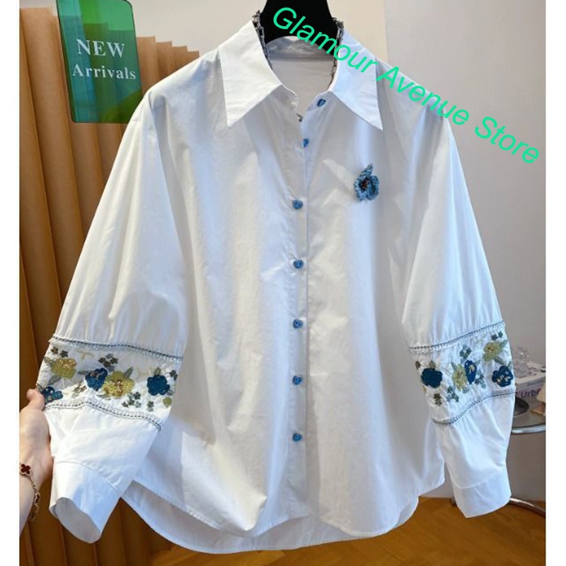 Good Floral & Wedding Decor Supply - เสื้อเชิ้ตปักลายสีขาวคุณภาพสูงสไตล์ฝรั่งเศส สำหรับผู้หญิง ใส่ได้ทั้งฤดูร้อนและฤดูใบไม้ร่วง ทรงหลวม ดูดีมาก ปุ่มติดเสื้อสวย